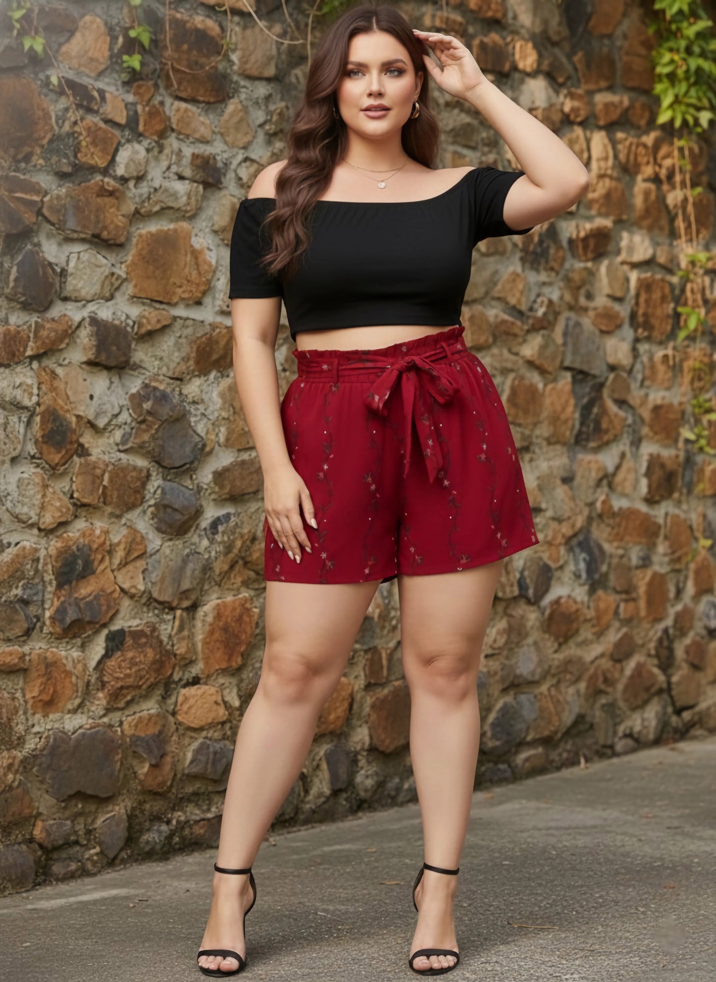 Berrylush Women Plus Size Maroon Floral Printed Front Tie-Up High-Rise Paperbag Waist Crepe Pleated Mini Shorts