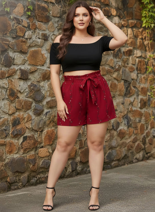 Berrylush Women Plus Size Maroon Floral Printed Front Tie-Up High-Rise Paperbag Waist Crepe Pleated Mini Shorts