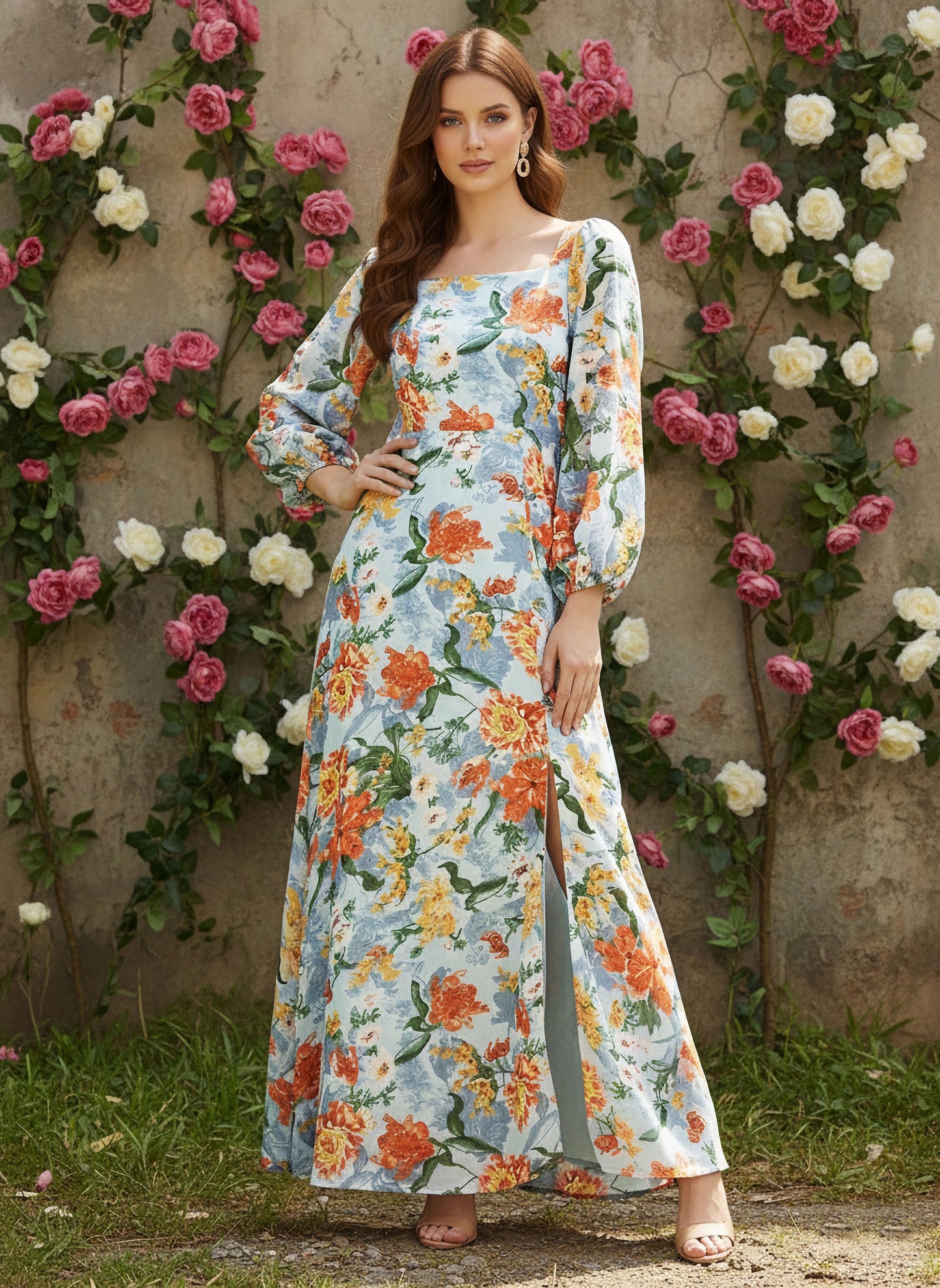 Berrylush Women Blue Floral Printed Square Neck Maxi Dress