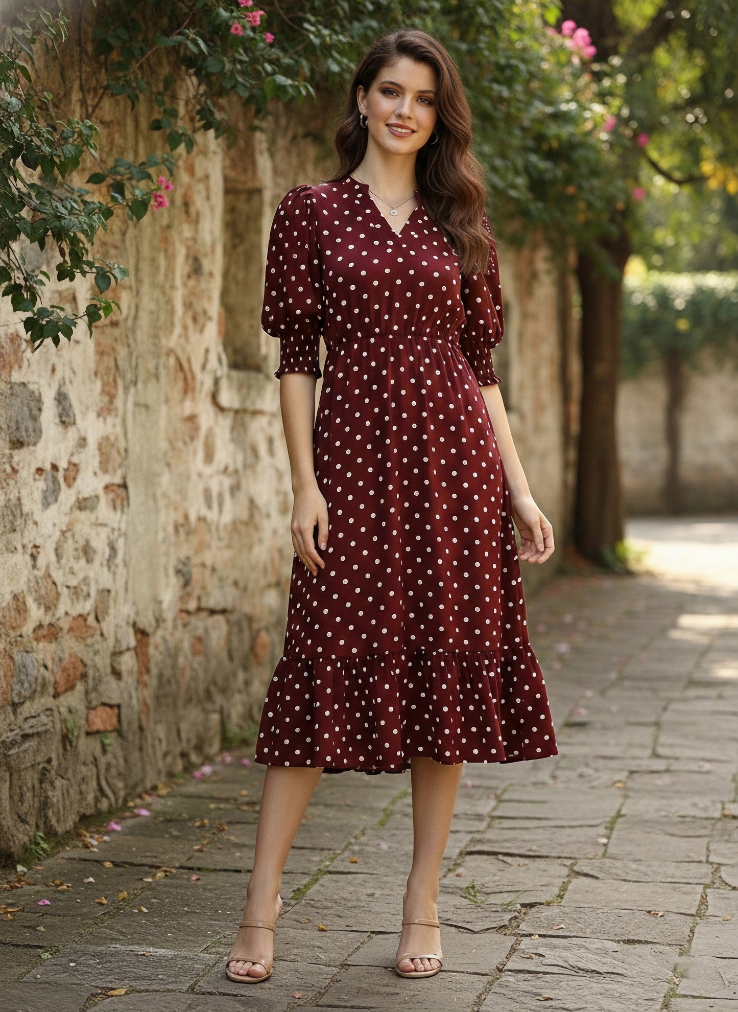 Berrylush Women Red & White Smocked Waist Ruffle A-Line Midi Dress