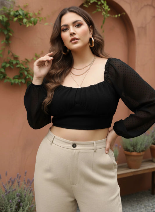 Berrylush Women Plus Size Solid Black Dobby Weave Sweetheart Neck Puff Sleeve Georgette Smocked Crop Top