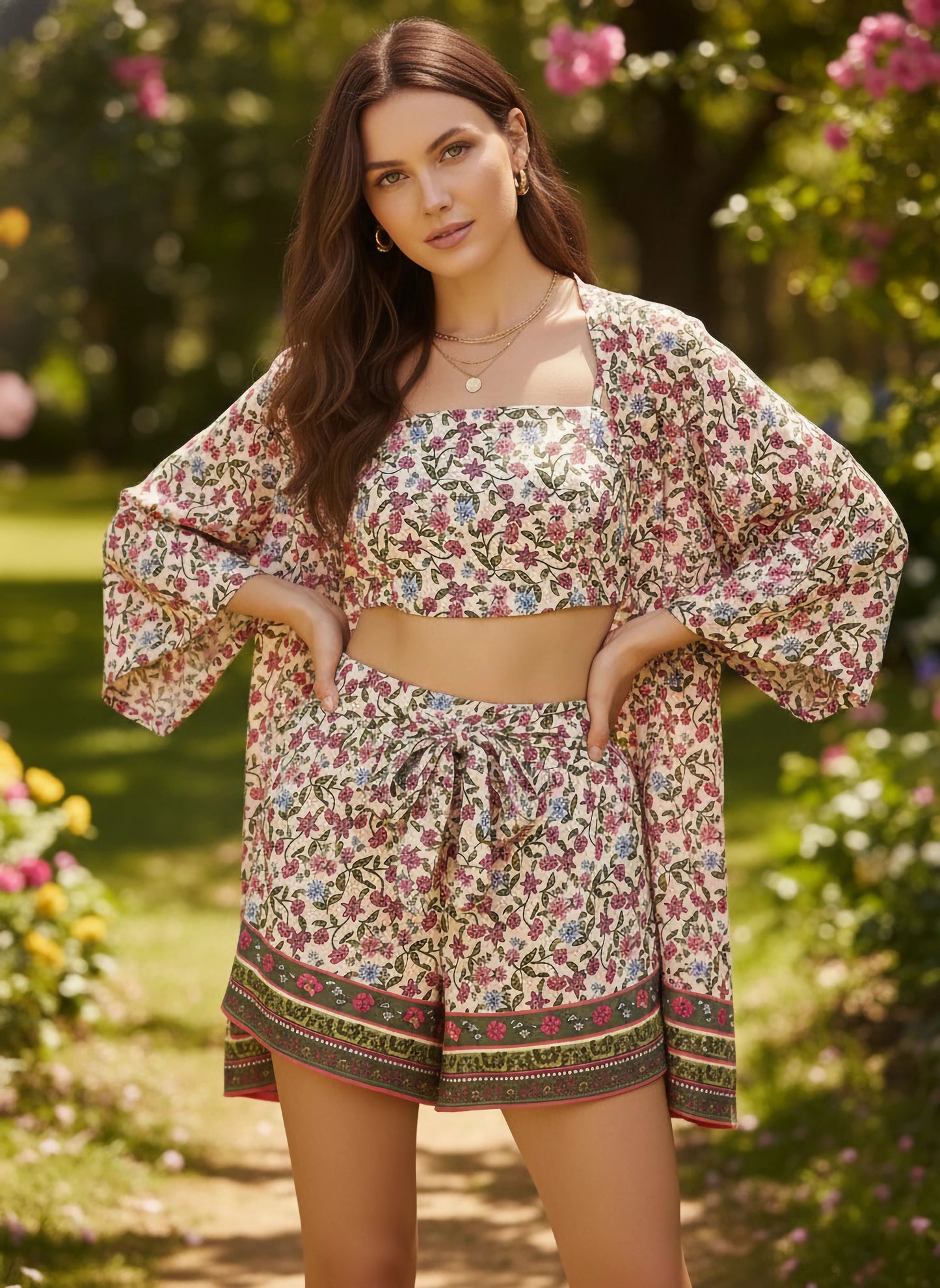 Berrylush Women Pink Floral Print Shoulder Straps 3 Piece Co-ords