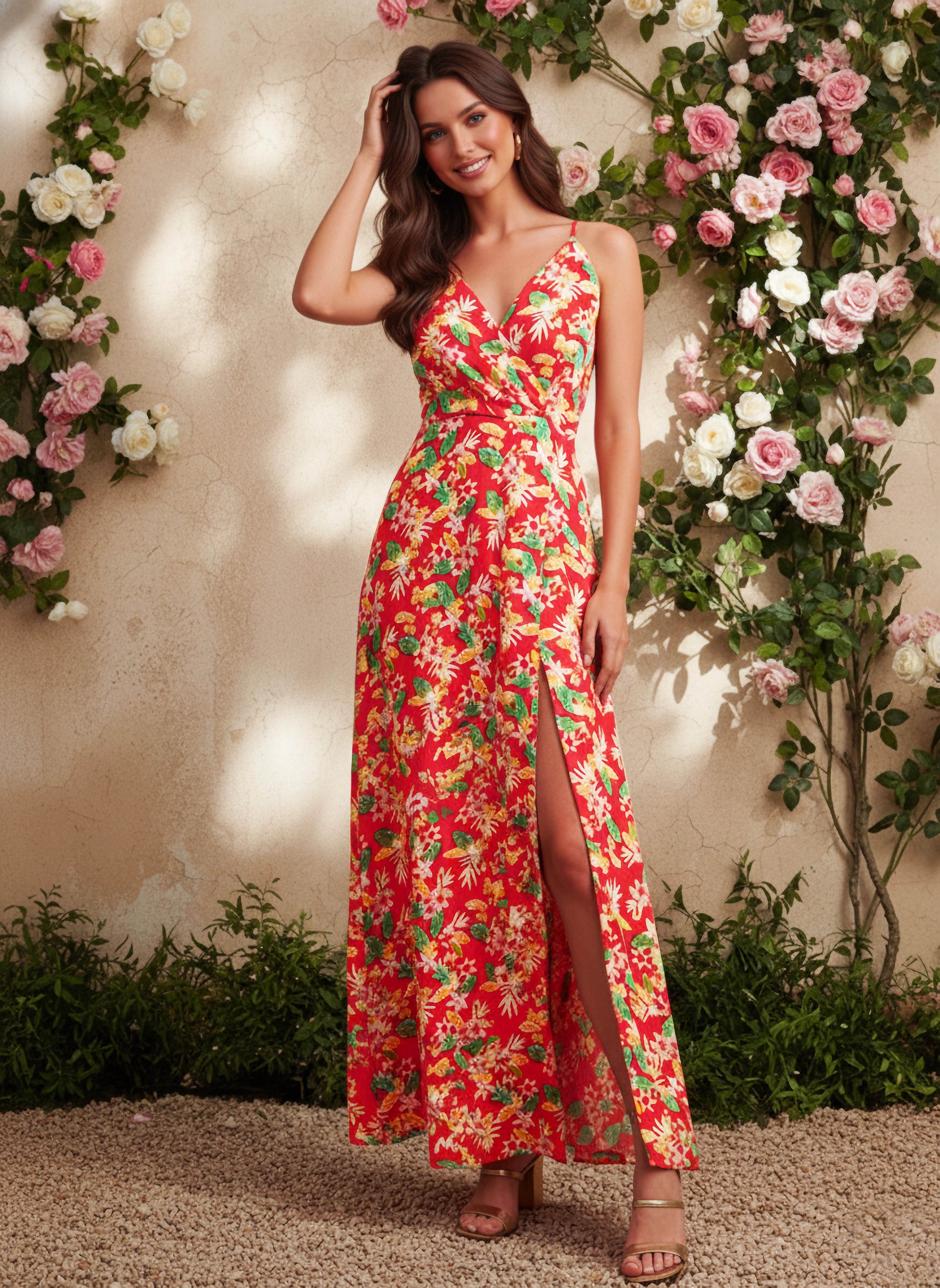 Berrylush Women Coral & Green Floral Printed V-Neck Thigh-High Slit Cr Berrylush Women Coral & Green Floral Printed V-Neck Thigh-High Slit Cr