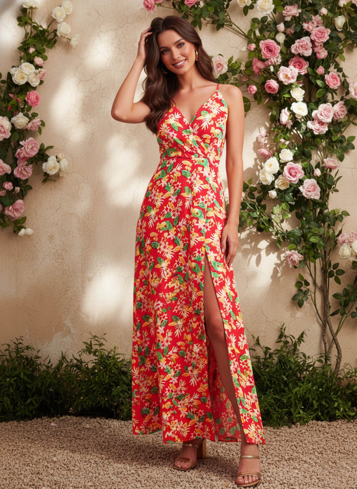 Berrylush Women Coral & Green Floral Printed V-Neck Thigh-High Slit Crepe Flared Maxi Dress