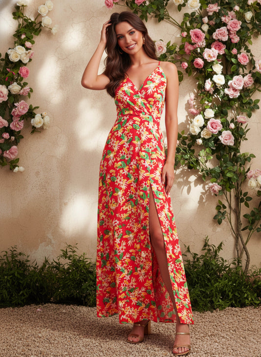 Berrylush Women Coral & Green Floral Printed V-Neck Thigh-High Slit Crepe Flared Maxi Dress
