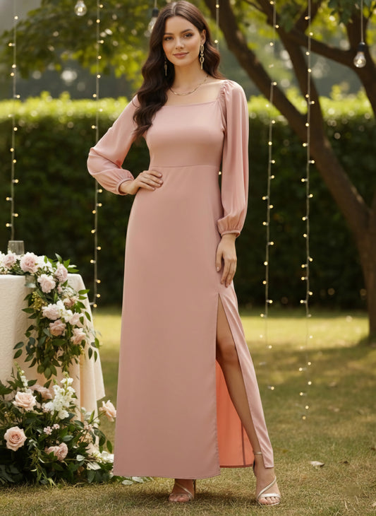 Berrylush Women Solid Peach Square Neck Slim-Fit Maxi Dress