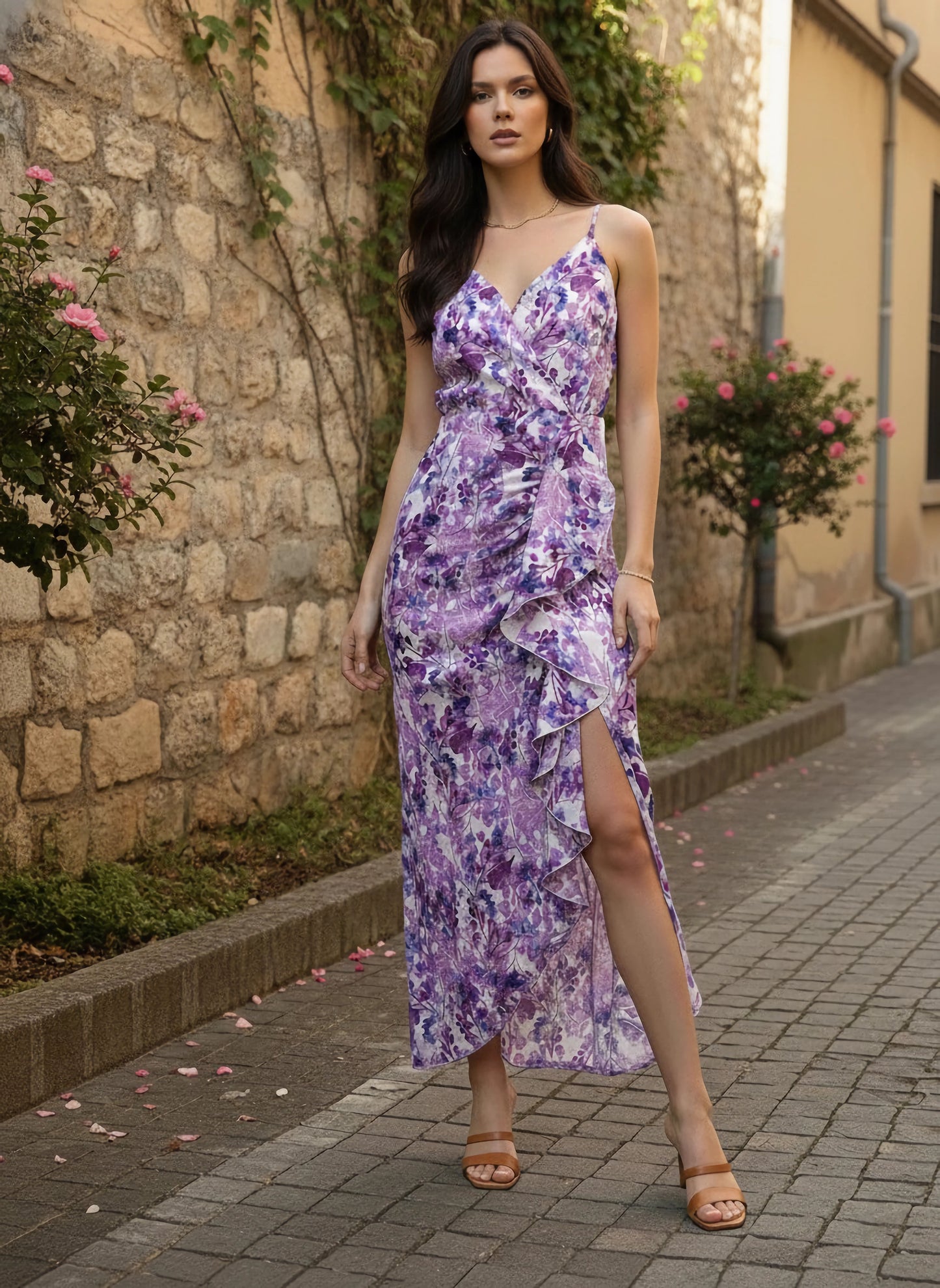 Berrylush Women White Floral Printed Asymmetric Hem Maxi Dress