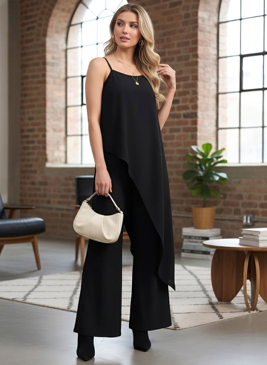 Berrylush Women Black Solid Shoulder Straps High-Low Top With Trousers Co-Ords