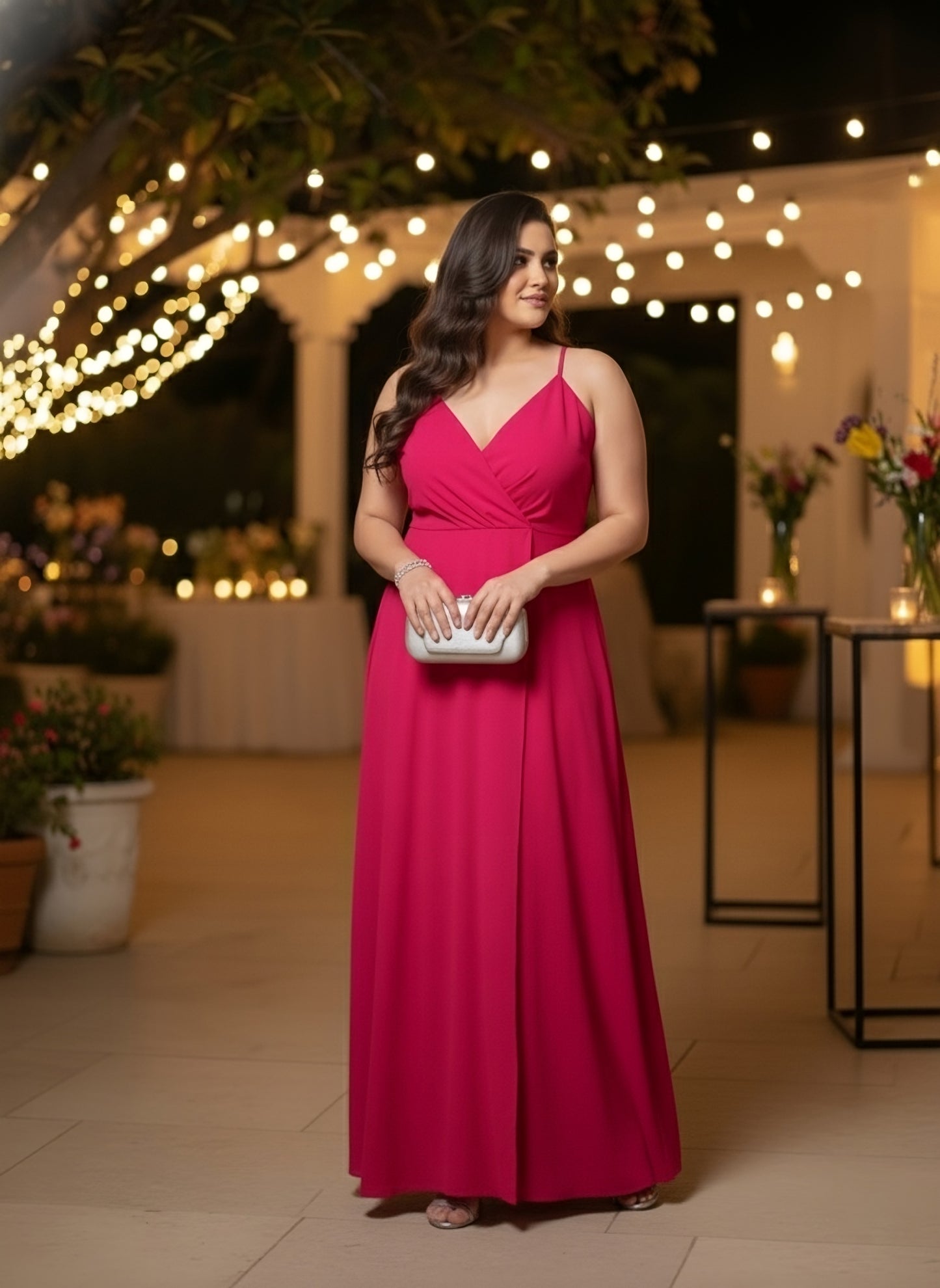 Berrylush Women Plus Size Solid Pink V-Neck Sleeveless Crepe Thigh-High Slit Fit & Flare Wrap Maxi Dress