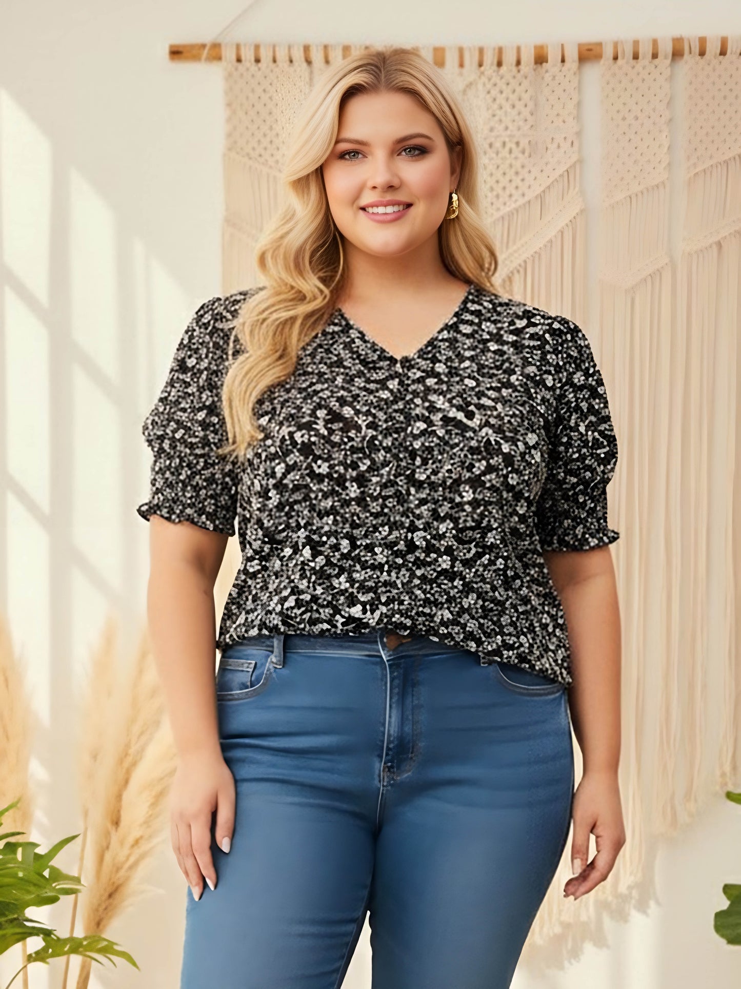 Berrylush Women Plus Size Black & White Floral Printed V-Neck Puff Sleeves Button-Up Smocked Regular Top