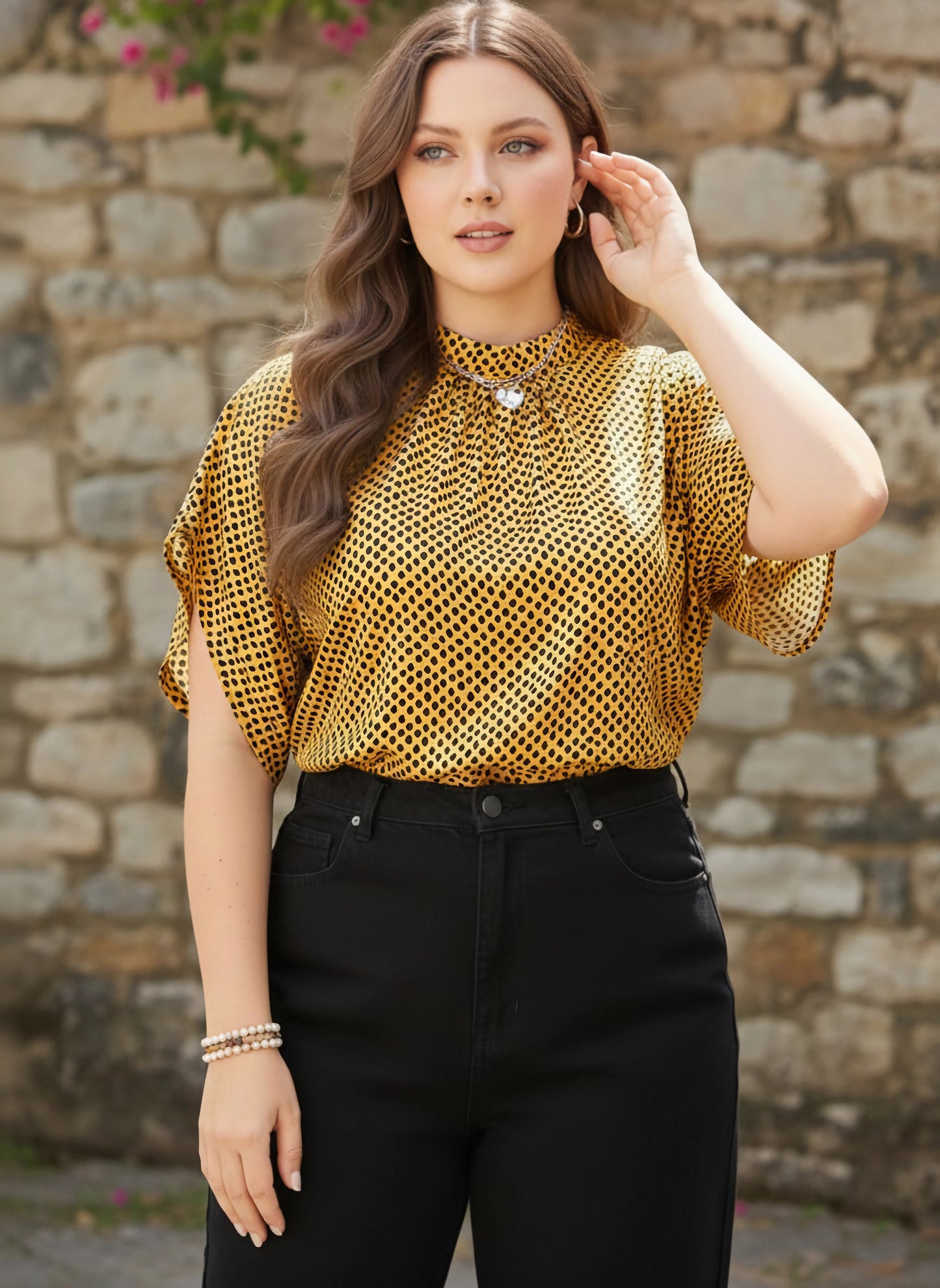 Berrylush Curve Women Yellow & Black Animal Printed High Neck Extended Sleeves Pleated Regular Top