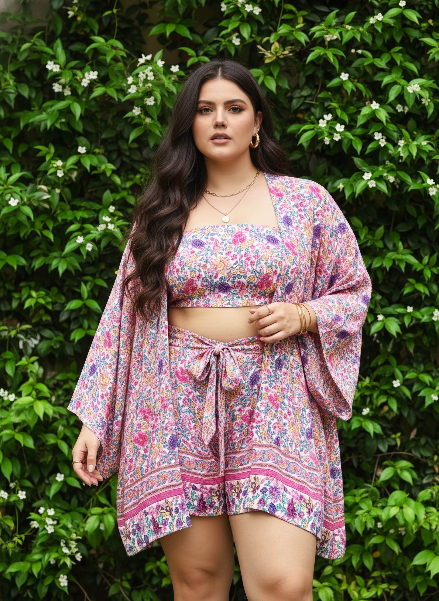 Berrylush Women Plus Size Pink & Purple Floral Printed Crop Top & Tie-Up Front Shorts With Kimono