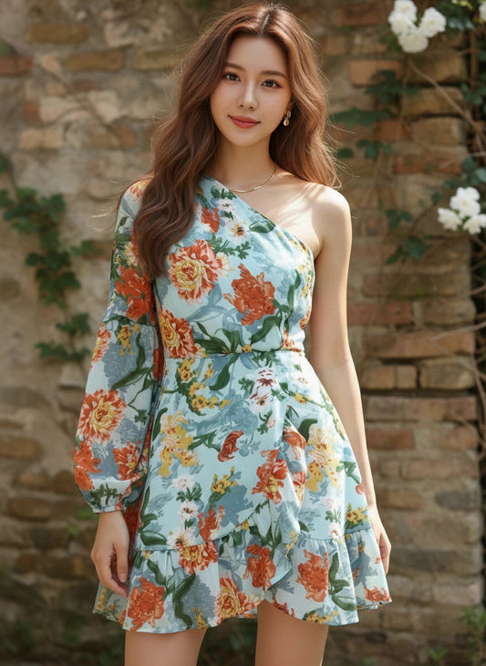 Berrylush Women Blue & Orange Floral Printed One-Shoulder Neck Tulip Ruffled A-Line Mini Dress