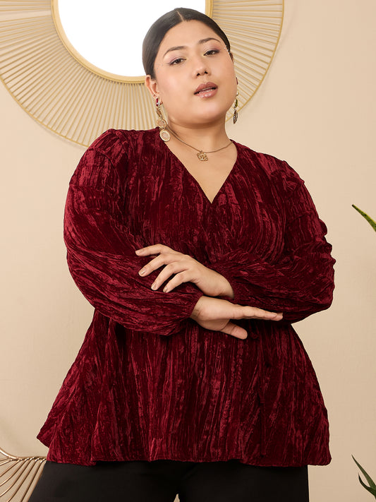 Berrylush Curve Women Solid Red V-Neck Puff Sleeves Tie-Up Waist Wrap Knitted Regular Top