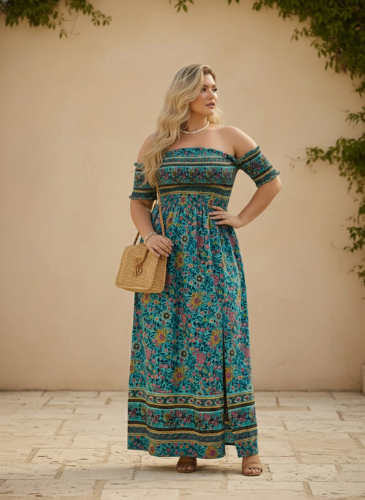Berrylush Curve Women Blue & Multicolour Floral Printed Off-Shoulder Neck Frill Sleeves Thigh-High Slit Smocked A-Line Maxi Dress
