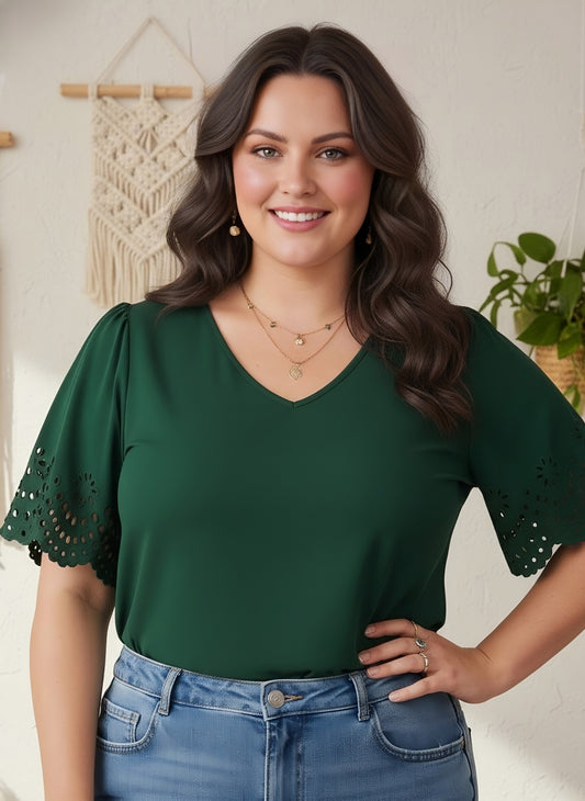Berrylush Women Plus Size Solid Green V-Neck Cutout Sleeve Crepe Regular Top