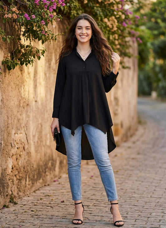 Berrylush Women Solid Black Mandarin Collar Neck Button-Up High-Low Longline Top
