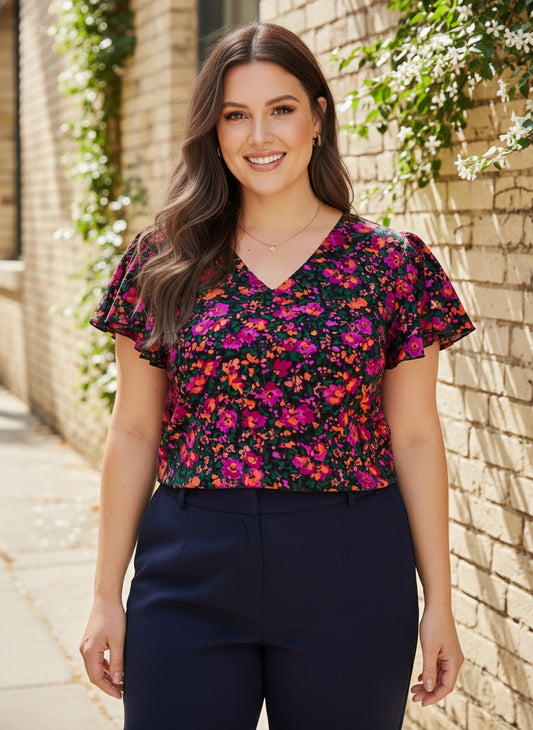 Plus Size Purple & Green Floral Printed V-Neck Flutter Sleeve Crepe Ruffled Regular Top