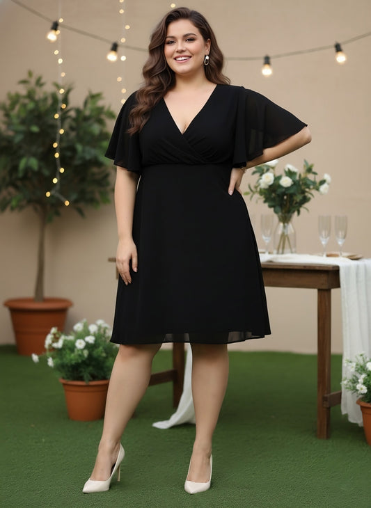 Berrylush Women Plus Size Solid Black V-Neck Flutter Sleeves Georgette Zipper-Up Flared Wrap Mini Dress