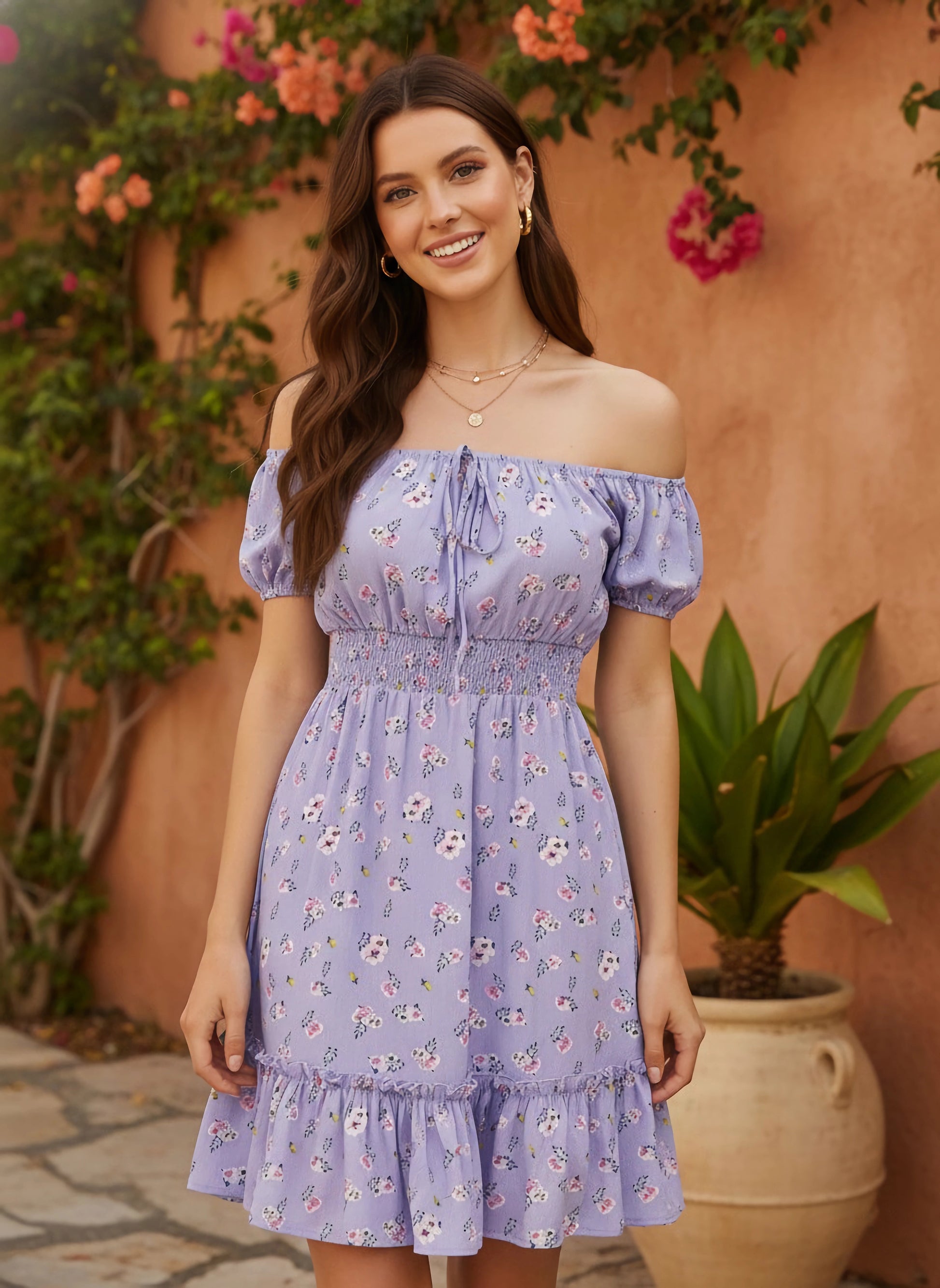 Women Purple & White Floral Printed Off-Shoulder Neck Front Tie-Up Pleated Fit & Flare Mini Dress - Berrylush Women Purple & White Floral Printed Off-Shoulder Neck Front Tie-Up Pleated Fit & Flare Mini Dress - Berrylush