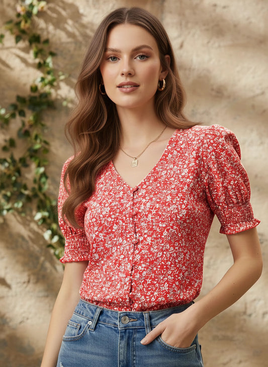 Berrylush Women Red & White Ditsy Floral Printed V-Neck Front Button-Up Crepe Smocked Top