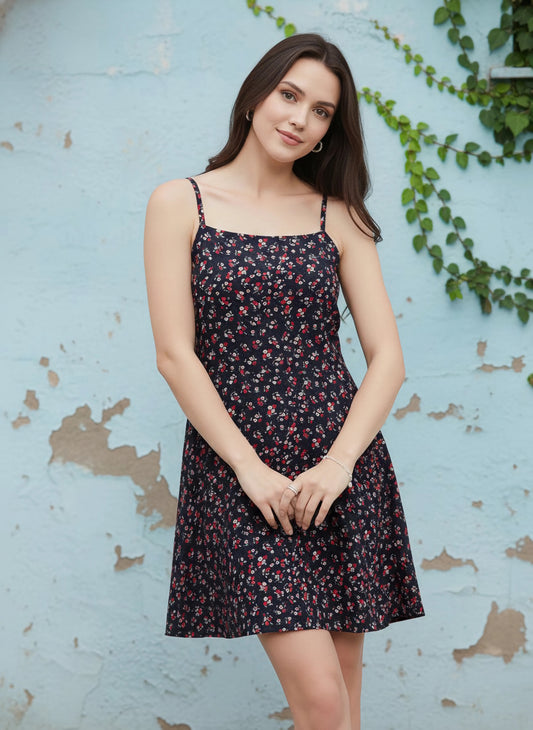 Berrylush Women Navy Blue & Red Floral Printed Square Neck Flared Fit & Flare Mini Dress