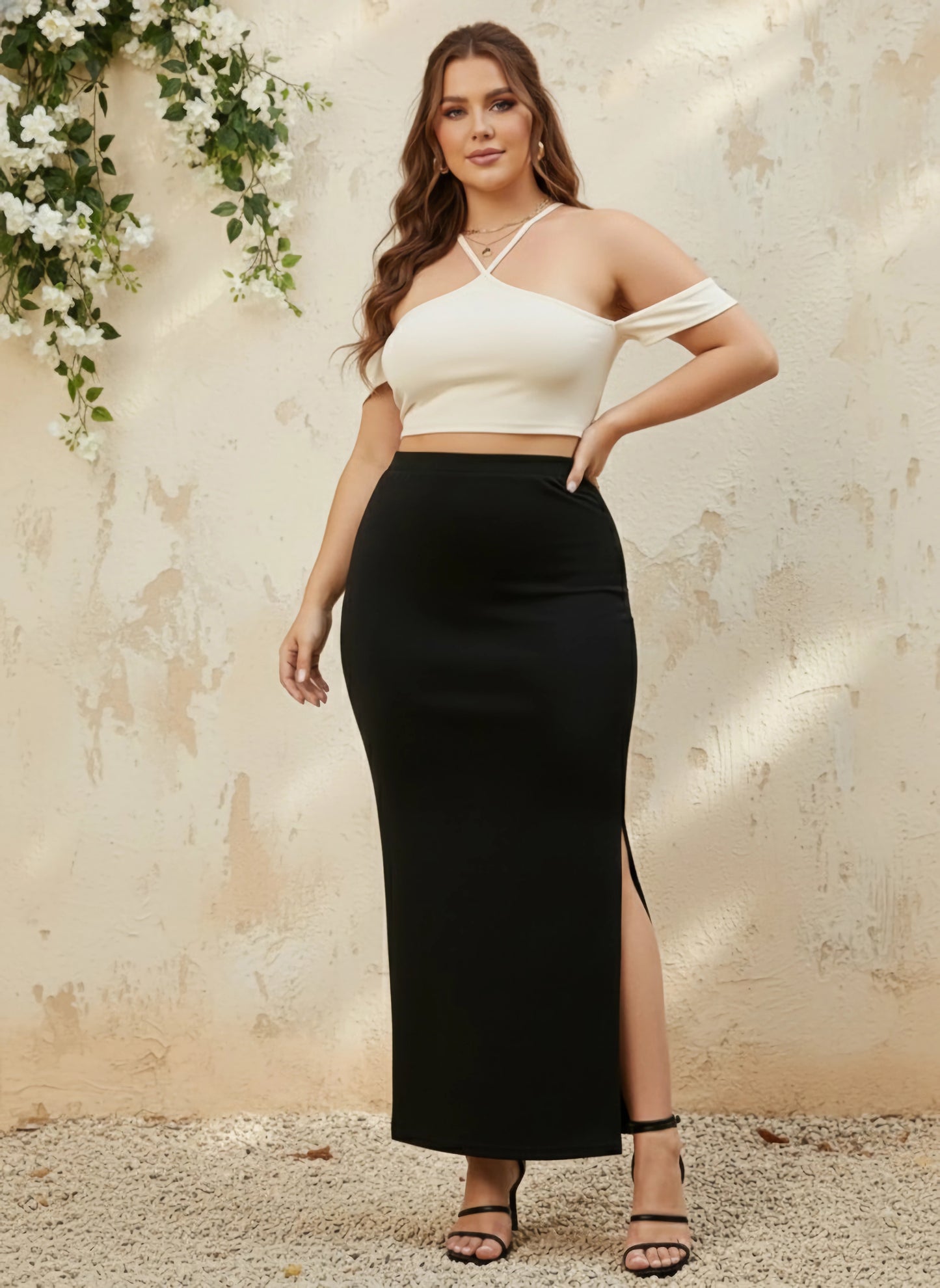 Berrylush Curve Women Solid Black High-Rise Waist Slip-On Side-Slit Straight Hem Knitted Maxi Skirt