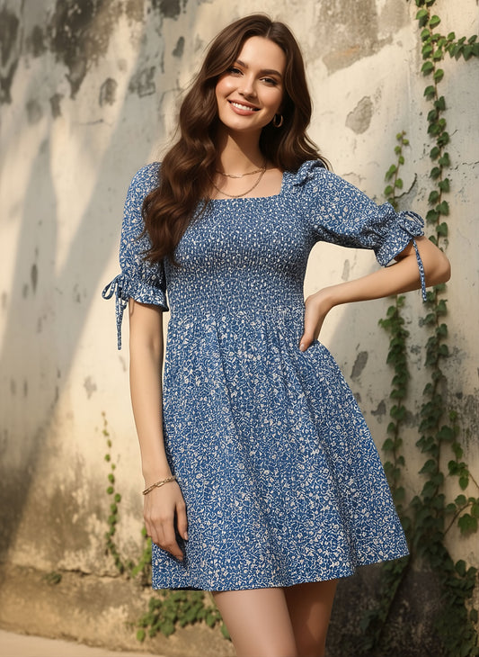Berrylush Women Blue & White Floral Printed Square Neck Smocked Back Crepe A-Line Mini Dress