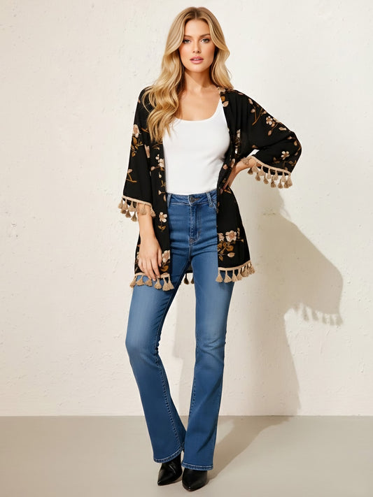 Berrylush Women Black Floral Print Three-Quarter Sleeves Longline Shrug