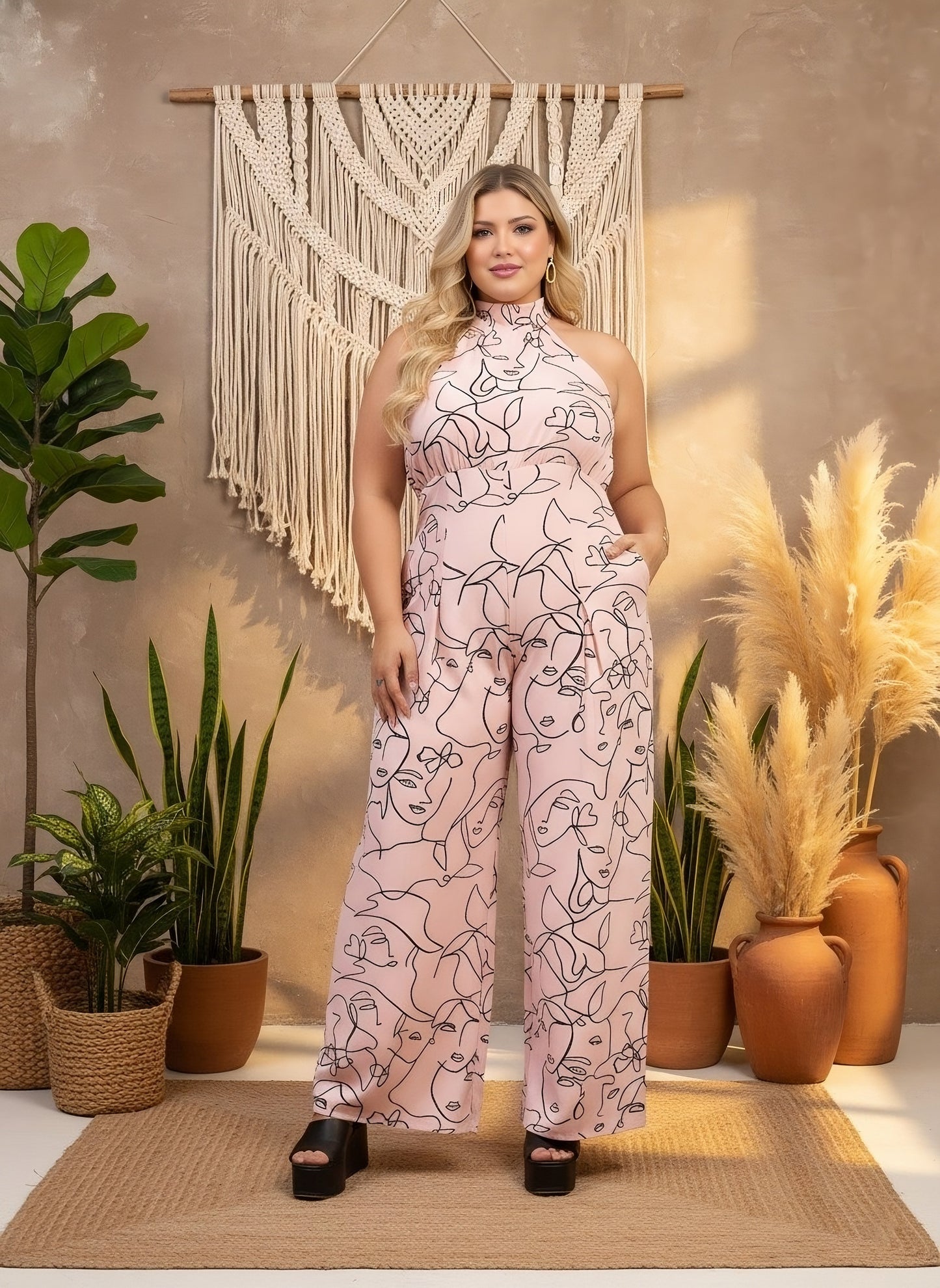 Berrylush Curve Women Pink & Black Abstract Print Halter Neck Sleeveless Backless Slant Pockets Wide-Leg Maxi Jumpsuit