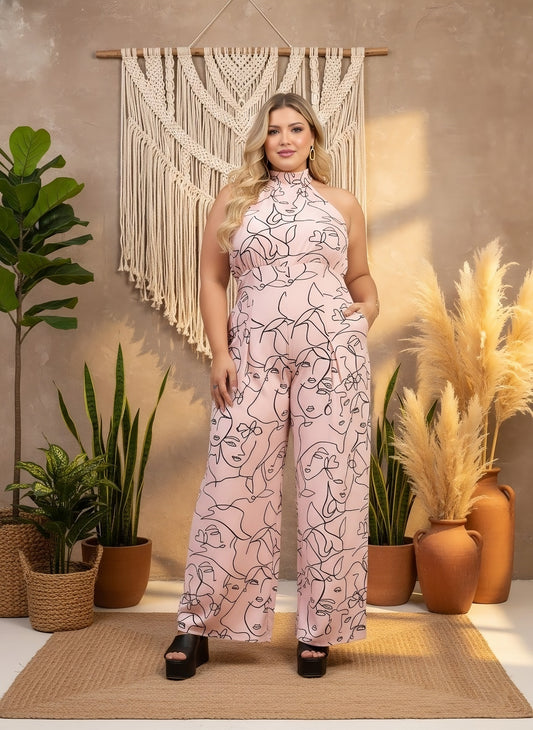 Berrylush Curve Women Pink & Black Abstract Print Halter Neck Sleeveless Backless Slant Pockets Wide-Leg Maxi Jumpsuit