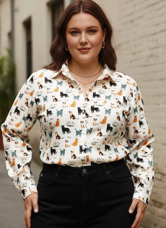 Berrylush Curve Women White & Multicolour Cat Printed Spread Collar Neck Front Button-Up Straight Hem Regular Shirt