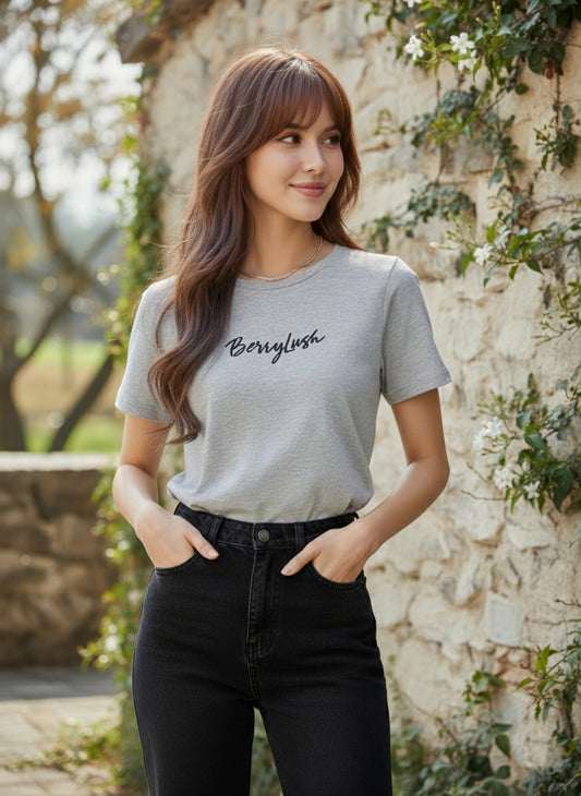 Berrylush Women Solid Grey Round Neck Front Brand Logo Short Sleeves Knitted Regular T-Shirt