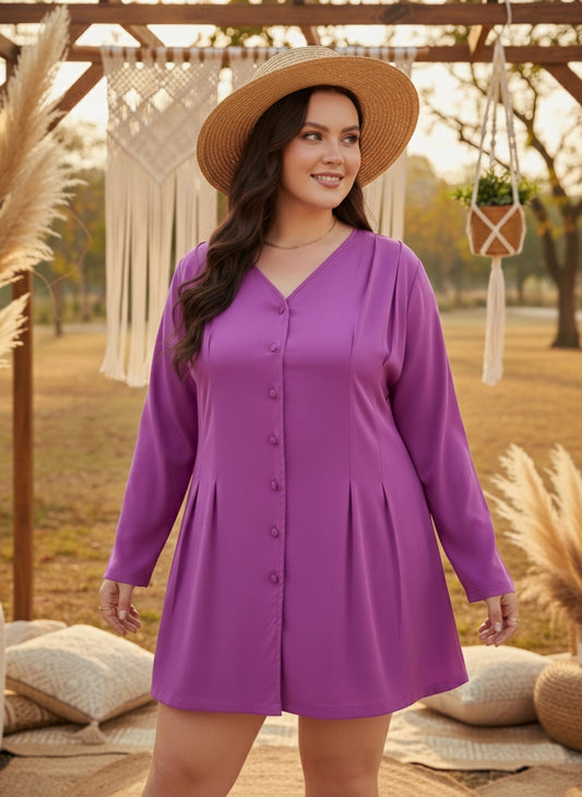 Berrylush Women Plus Size Solid Purple V-Neck Front Button-Up Curve Hem Flared Mini Shirt Dress