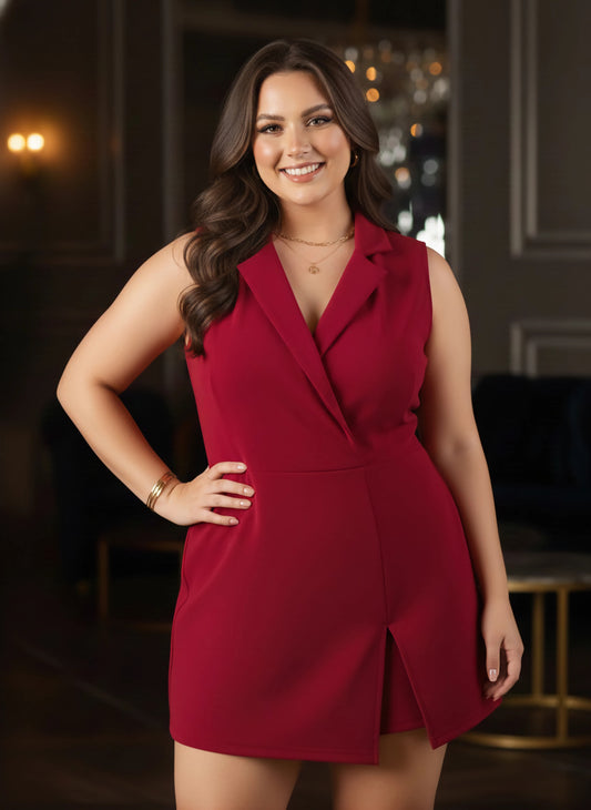 Berrylush Curve Women Solid Red Notch Collar Neck Sleeveless Straight Hem Front-Slit Wrap Mini Blazer Romper