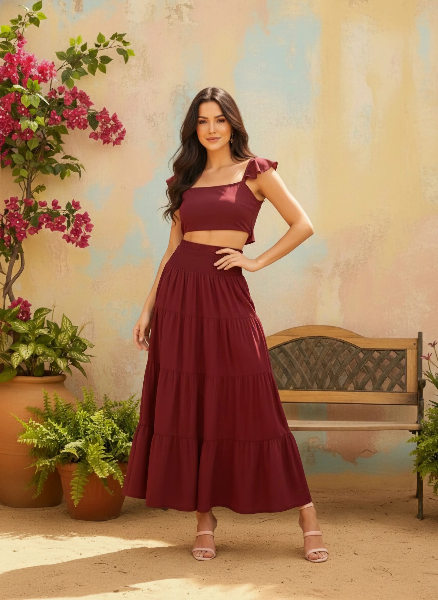 Berrylush Women Solid Maroon Square Neckline Cap Sleeves Cropped Top & Smocked Maxi Skirt Co-Ord Set