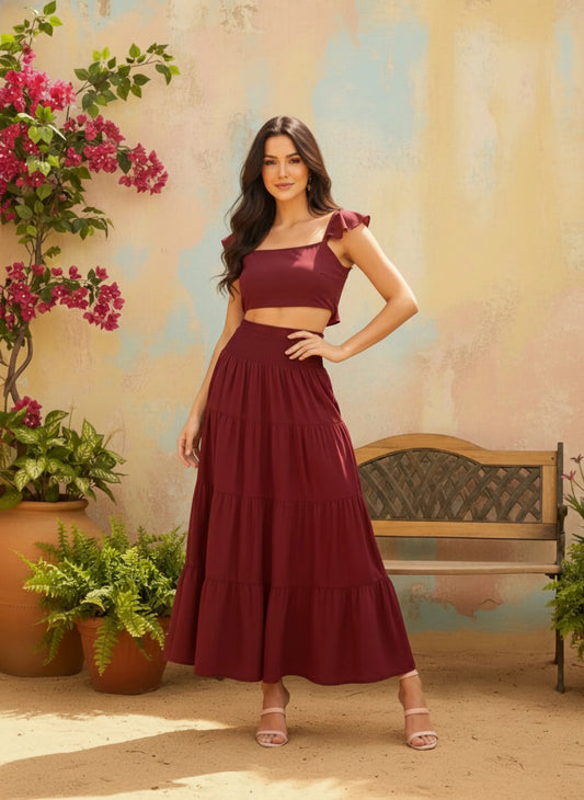 Berrylush Women Solid Maroon Square Neckline Cap Sleeves Cropped Top & Smocked Maxi Skirt Co-Ord Set