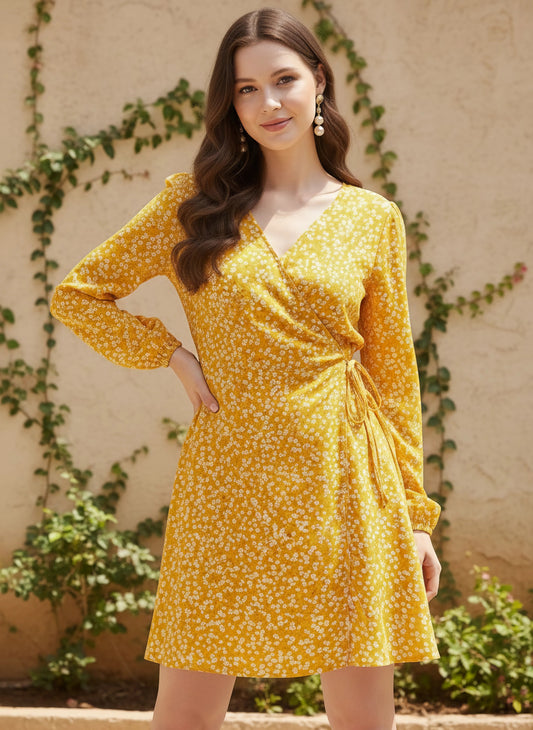 Berrylush Women Yellow & White Floral Printed Wrap Mini Dress