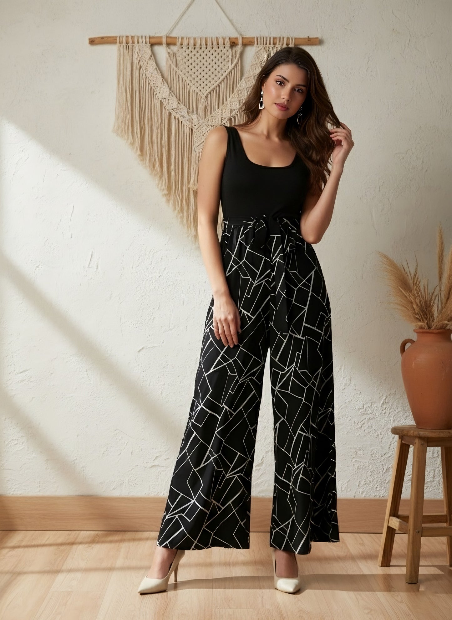 Berrylush Women Black & White Geometric Printed Round Neck Sleeveless Waist Tie-Up Wide Leg Regular Jumpsuit
