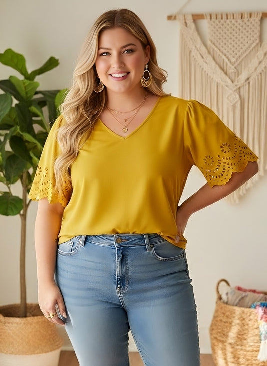 Berrylush Women Plus Size Solid Yellow V-Neck Cutout Sleeve Crepe Regular Top