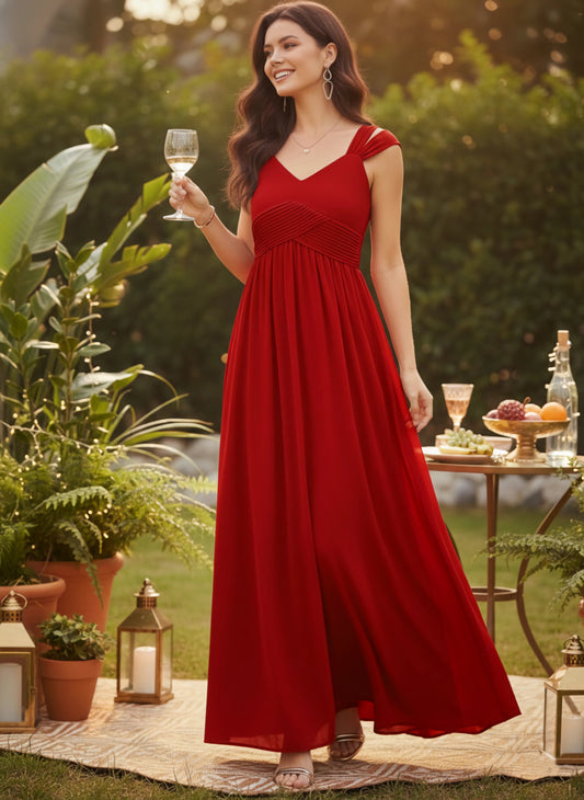 Berrylush Women Solid Red Sweetheart Neck Sleeveless Cold-Shoulder Pleated Maxi Dress
