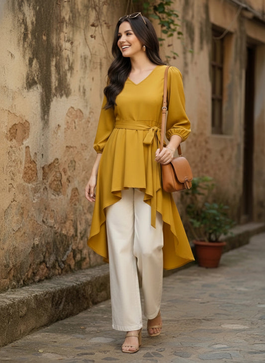 Solid Yellow V-Neck Bishop Sleeves Tie-Up Waist High-Low Hem Pleated Longline Top