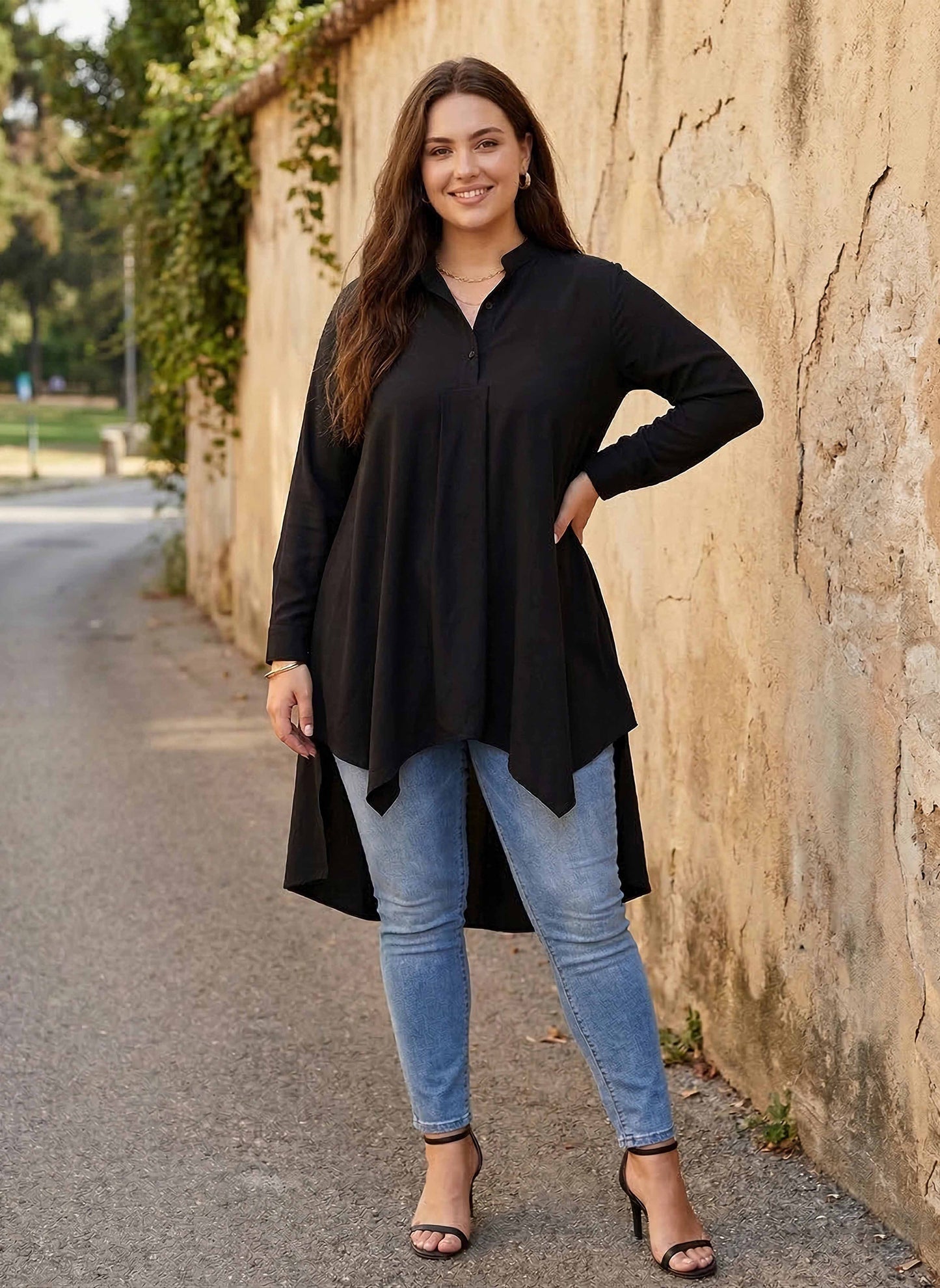 Plus Size Solid Black Mandarin Collar Neck Flutter Sleeve Crepe Button-Up High-Low Hem Longline Top