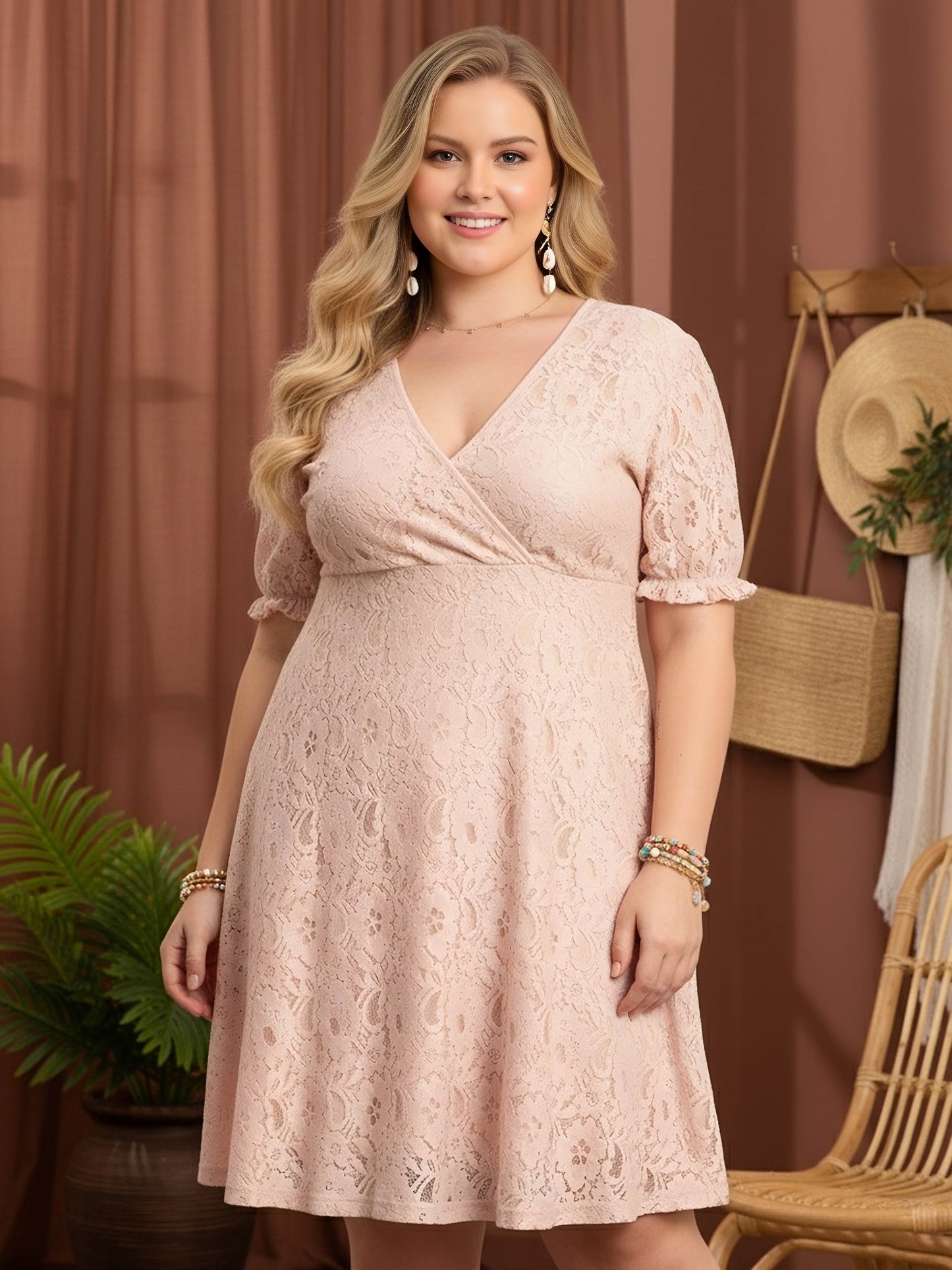 Berrylush Curve Women Pink Surplice Neck Puff Sleeve Lace Dress