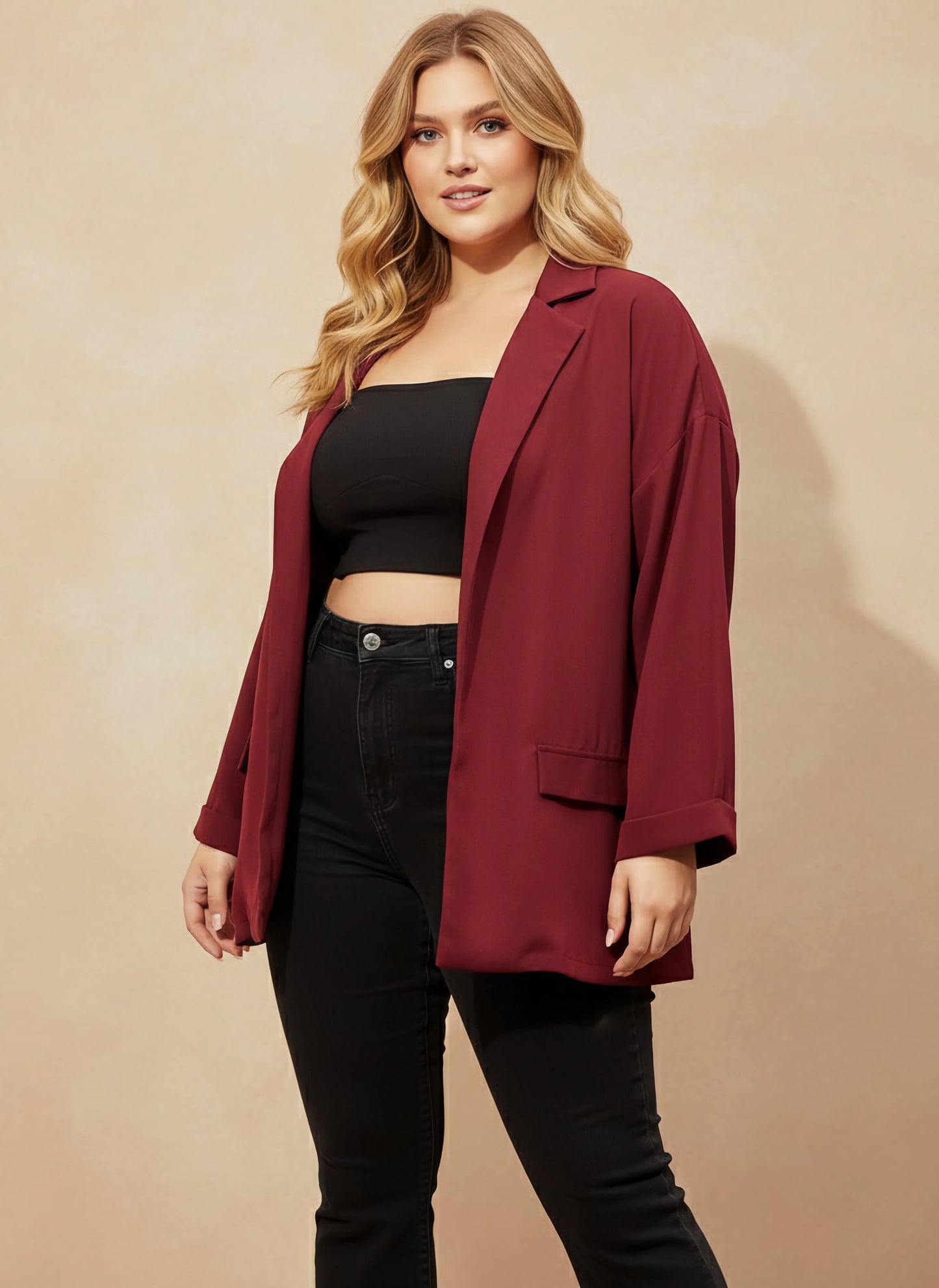 Berrylush Women Plus Size Solid Maroon Notched Lapel Neck Long Sleeve Open Front Longline Blazer