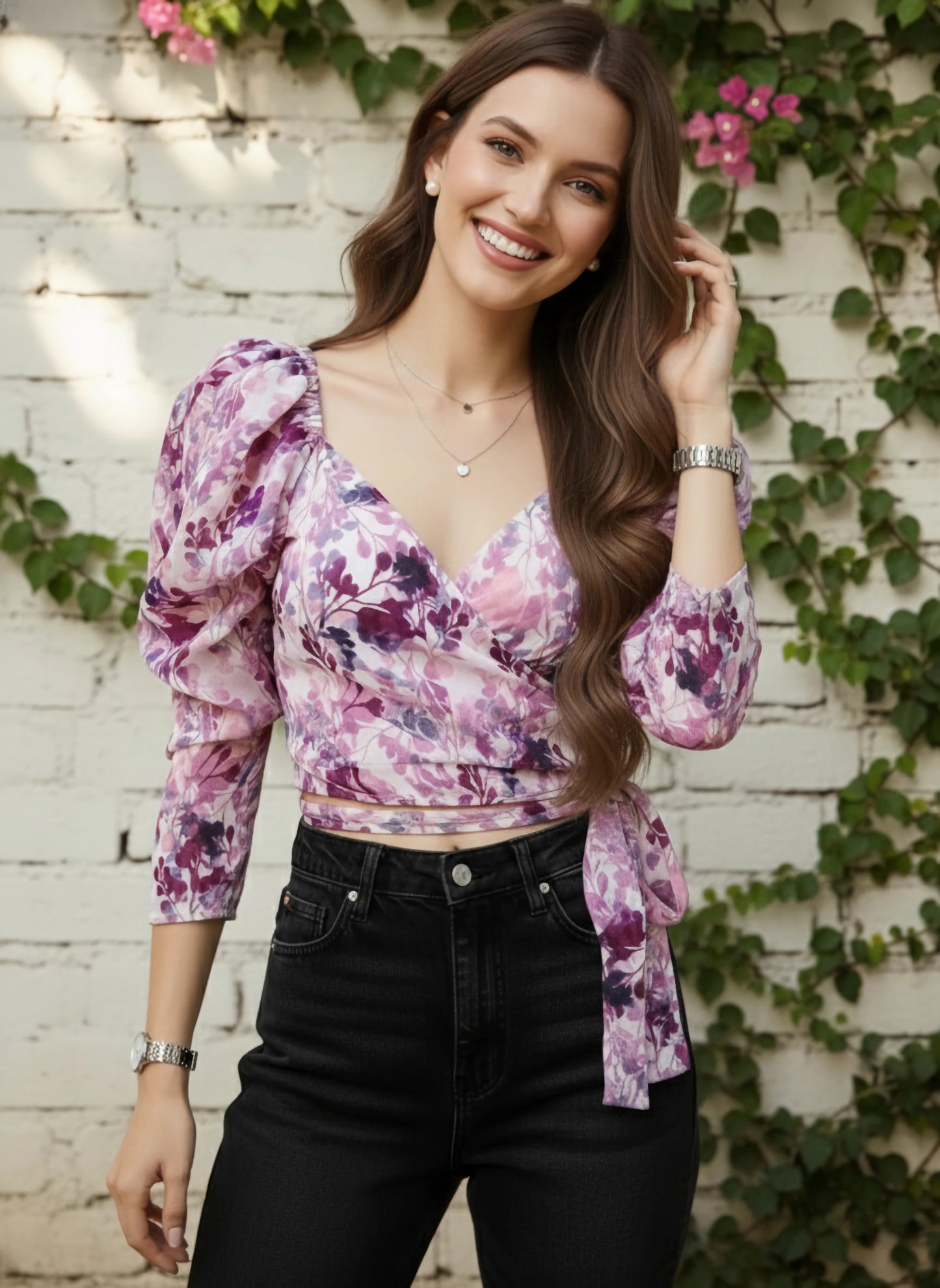 Berrylush Women White & Lavender Floral Printed Sweetheart Neck Waist Tie-Up Wrap Cropped Top