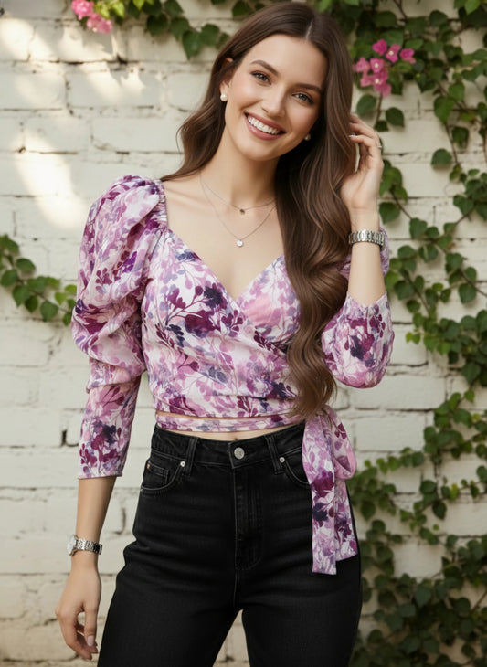 Berrylush Women White & Lavender Floral Printed Sweetheart Neck Waist Tie-Up Wrap Cropped Top
