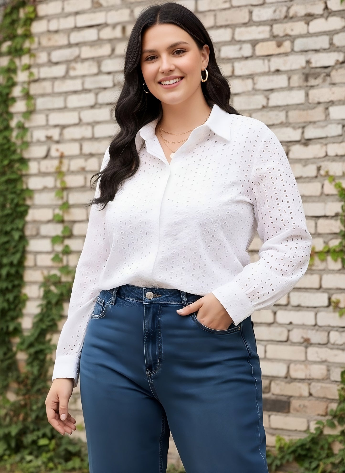 Berrylush Curve Women Solid White Spread Collar Neck Long Sleeves Schiffli Front Button-Up Straight Hem Regular Shirt