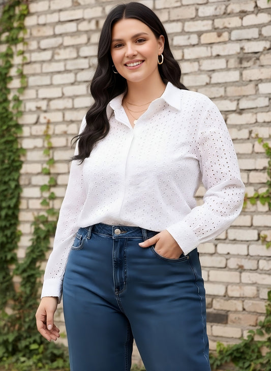 Berrylush Curve Women Solid White Spread Collar Neck Long Sleeves Schiffli Front Button-Up Straight Hem Regular Shirt