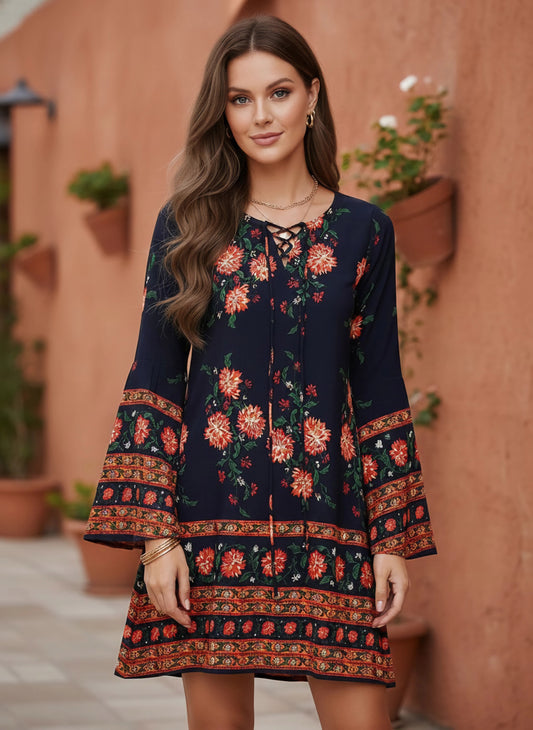 Berrylush Women Navy Blue & Orange Floral Printed Tie-Up Neck A-Line Mini Dress